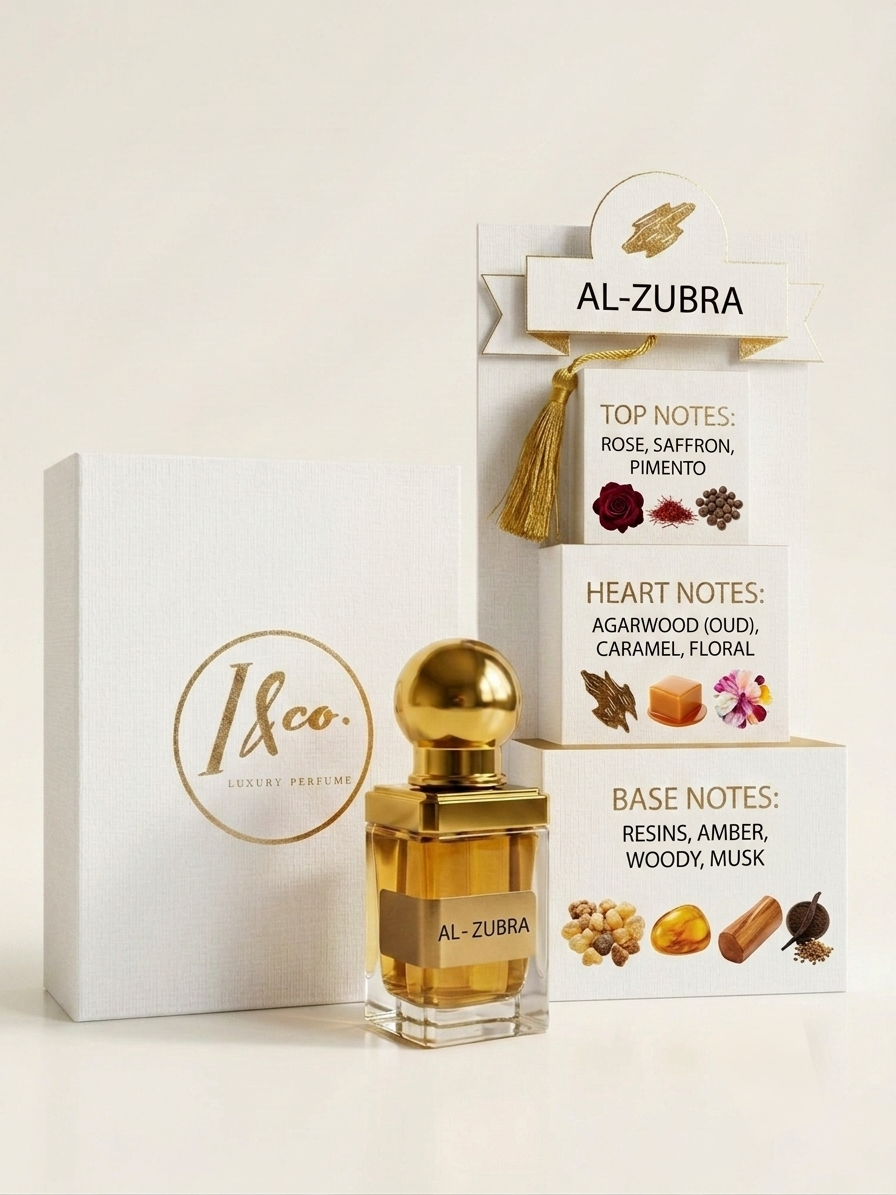 A luxury perfume bottle with a gold cap stands beside its white box and a decorative scent note display card labeled AL-ZUBRA. The bottle contains amber-gold liquid, and the packaging features gold and white tones with printed fragrance notes.