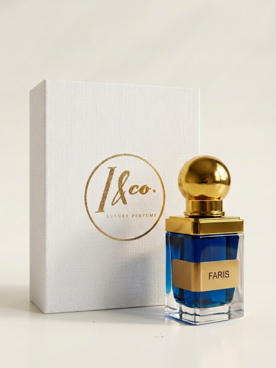 A luxury perfume bottle with a gold cap and blue liquid, standing next to its white textured box with gold '1&co. Luxury Perfumes' branding.