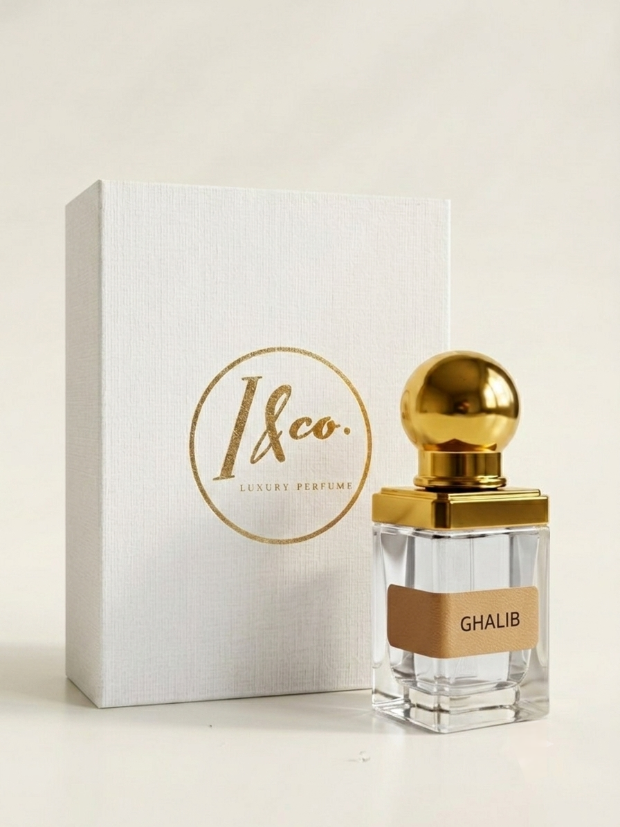 A clear glass perfume bottle with a shiny gold spherical cap and gold label reading 'GHALIB' stands in front of a white textured box with a gold '1&co. Luxury Perfumes' logo, on a light beige background.