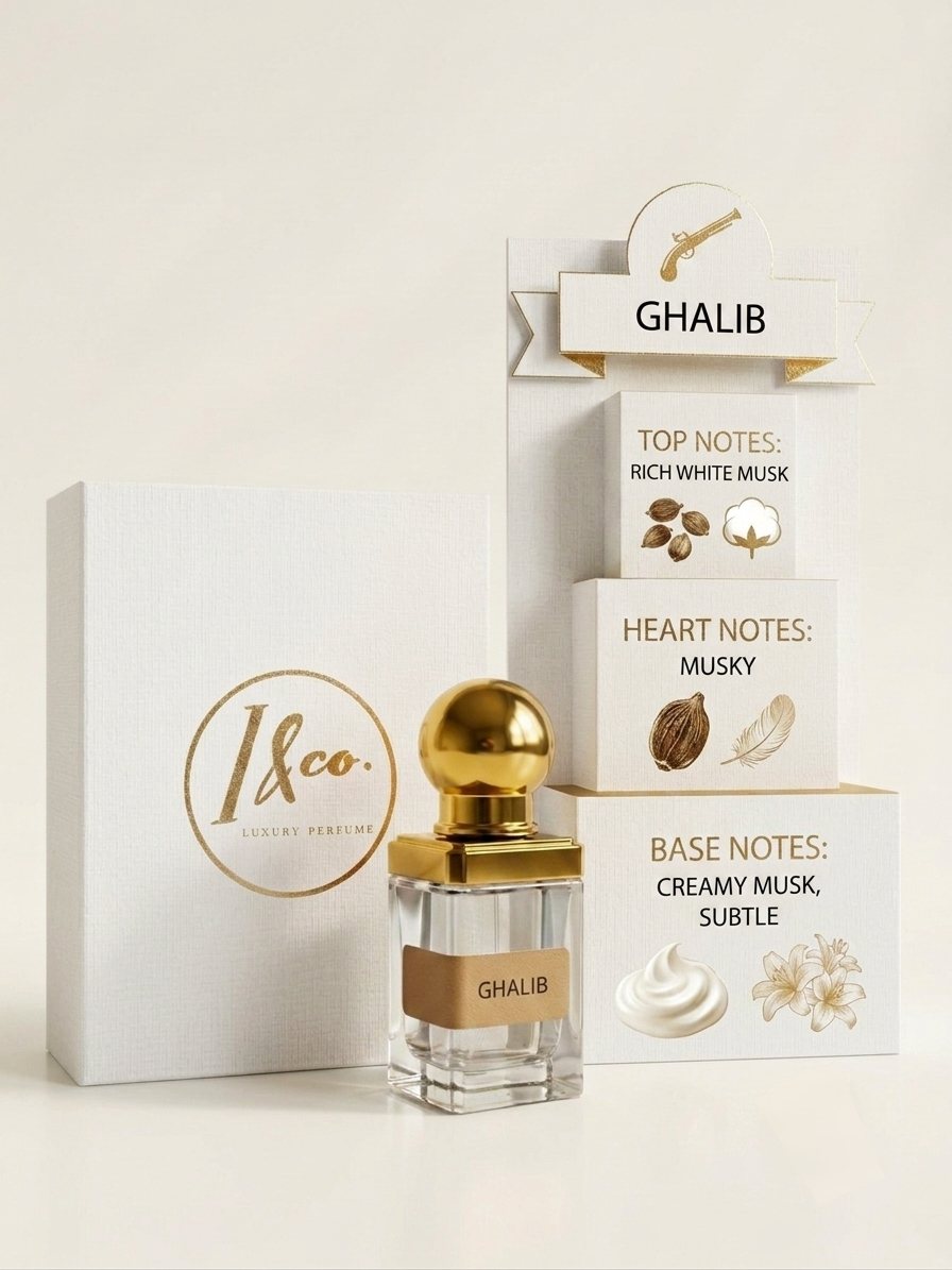 A Ghalib luxury perfume bottle with a gold cap stands beside a white Ghalib box, with a white display stand behind it showing scent notes for Ghalib.