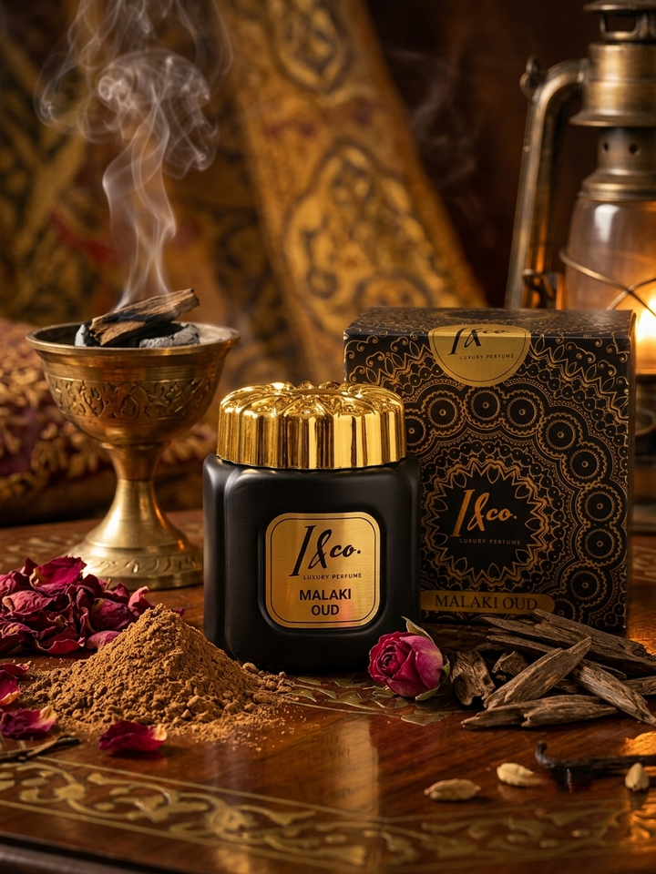 A jar of L&Co. Malaki Oud perfume oil with a gold cap next to its ornate black and gold box, styled on a wooden table with incense, dried flowers, and a brass incense burner.