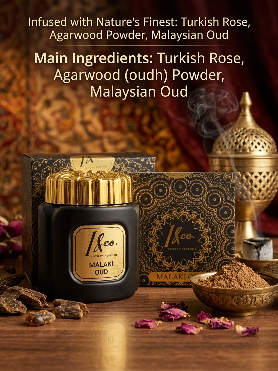 A black jar of I&Co. Malaki Oud incense with a gold cap, shown with its ornate black and gold box, a brass incense burner, and scattered dried rose petals on a wooden surface.