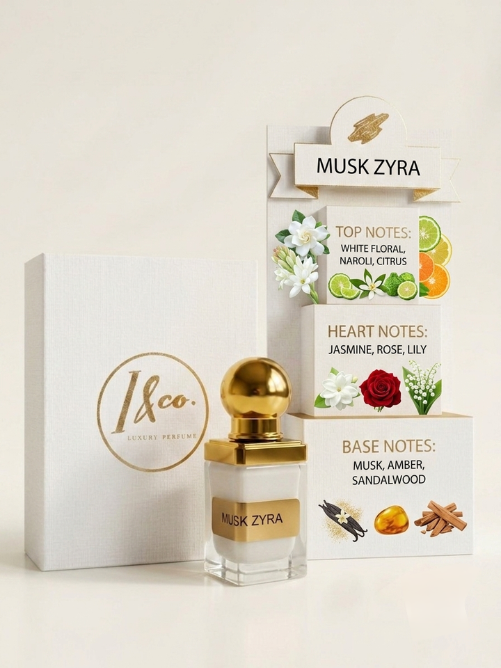 A perfume bottle labeled 'Musk Zyra' with a gold cap stands beside a white branded box and a matching fragrance display card. The packaging is white with gold lettering and small illustrations of flowers, citrus, a rose, and spices.