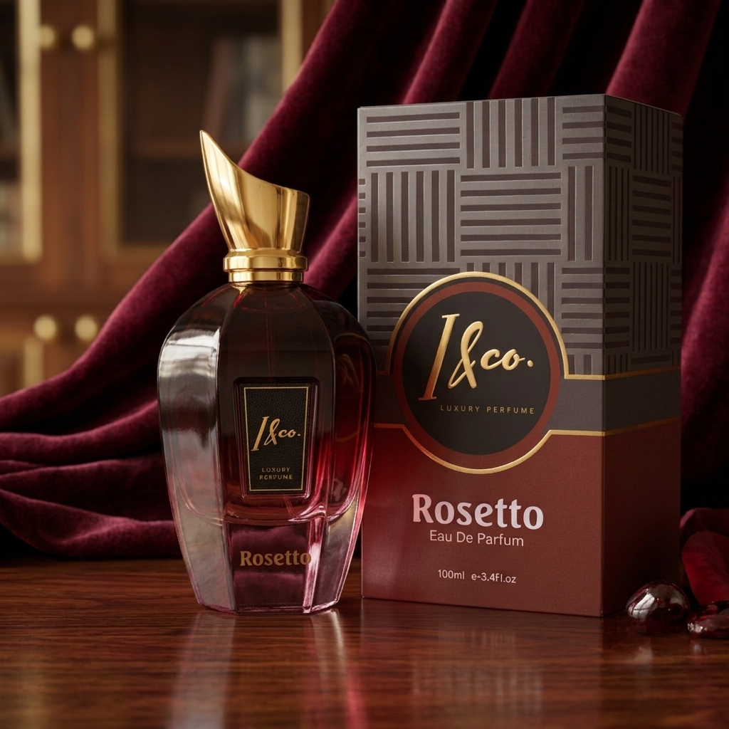 A bottle of I&co. Rosetto Eau De Parfum with a gold cap next to its patterned brown and red box, set on a wooden surface with a draped burgundy velvet background.