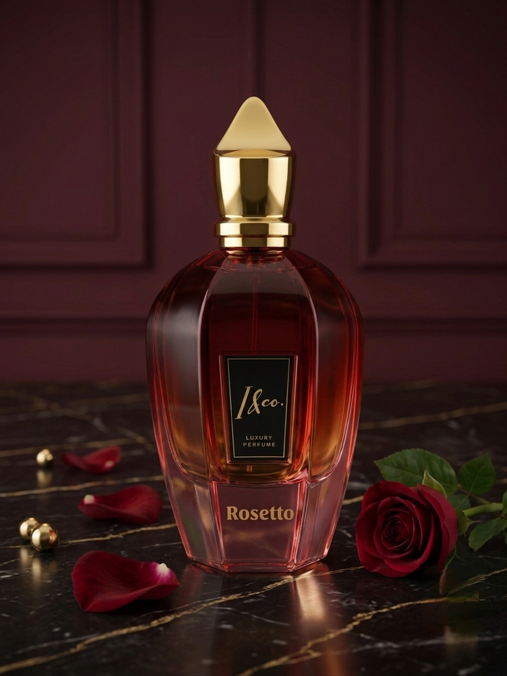 A faceted glass perfume bottle filled with deep amber-red liquid, topped with a shiny gold cap, standing on a dark marble surface with scattered rose petals, a red rose, and small gold beads. The bottle label reads '1/1ceo' and 'Rosetto'.