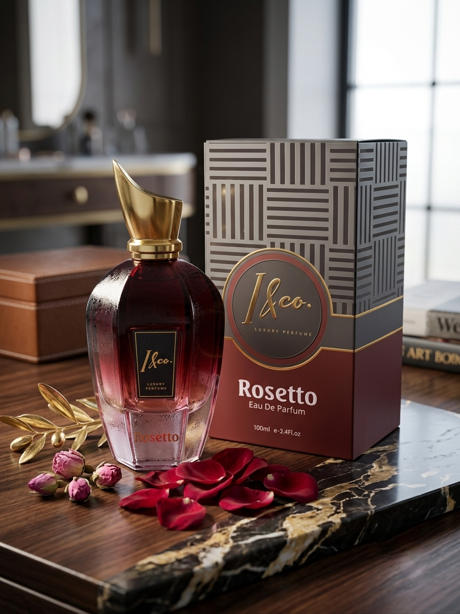 A bottle of I&Co. Rosetto Eau De Parfum with a gold cap stands next to its patterned retail box on a dark marble tray, styled with red rose petals and dried roses in a warm, elegant interior setting.