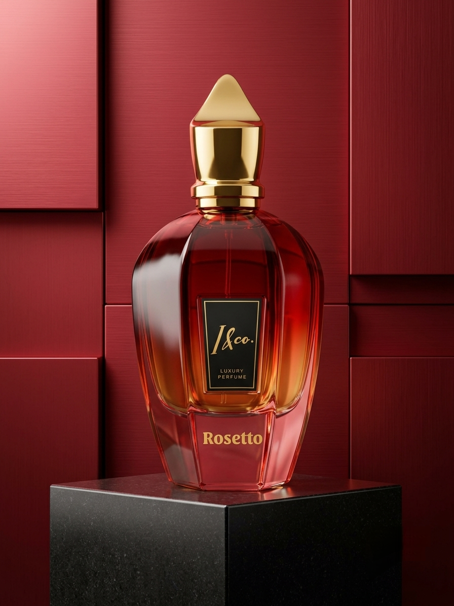 A faceted glass perfume bottle filled with amber-red liquid, topped with a shiny gold cap, standing on a black pedestal against a deep red geometric background. The bottle label reads 'J'cee.