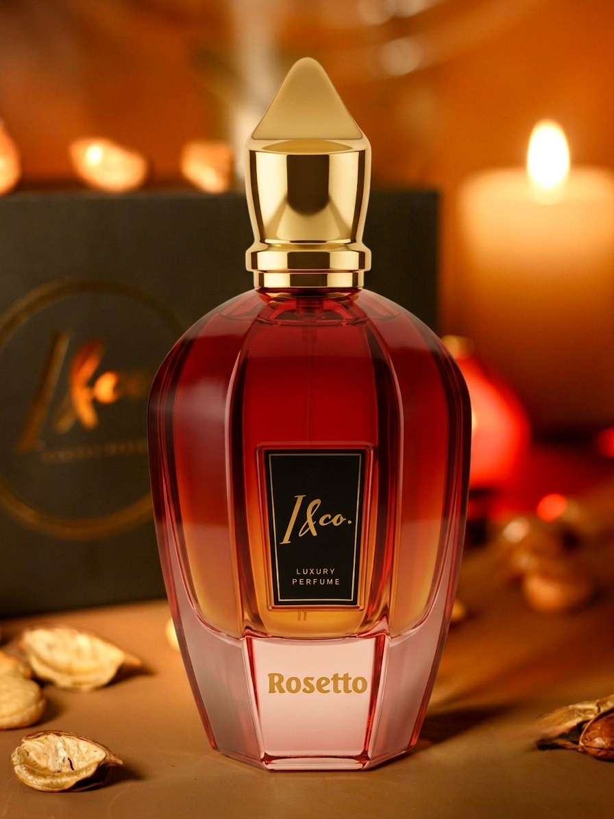 A faceted glass perfume bottle filled with deep red fragrance, topped with a shiny gold cap, with the brand name 'La co. Luxury Perfume' and scent name 'Rosetto' visible.