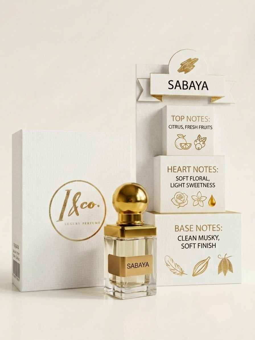 A luxury perfume bottle labeled SABAYA with a gold cap stands beside its white box and a matching layered product display card. The packaging features gold text and illustrations reading SABAYA, TOP NOTES, HEART NOTES, and BASE NOTES on a clean off-white background.