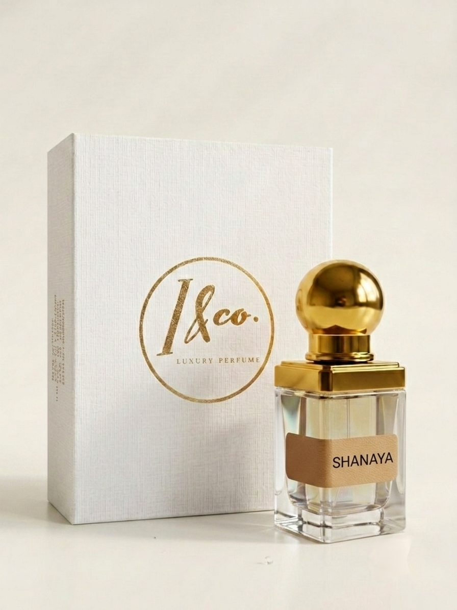 Shanaya perfume bottle with a gold cap next to its white and gold 1&co. box, on a light beige background.