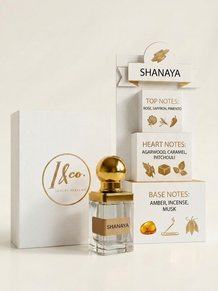 A luxury perfume bottle with a gold cap stands next to its white packaging box and a tiered display card labeled 'SHANAYA' with fragrance notes, on a clean off-white background.