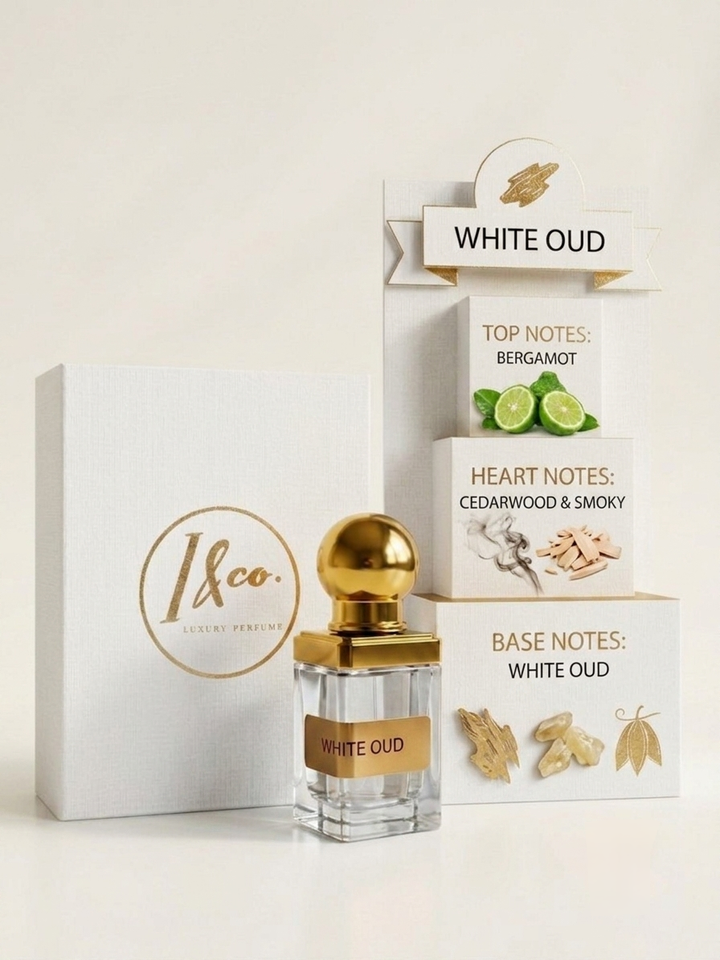 A perfume bottle with a gold cap stands beside a white box with a gold logo, next to a white display stand labeled 'WHITE OUD' with notes of bergamot, cedarwood, and base notes, on a light beige background.