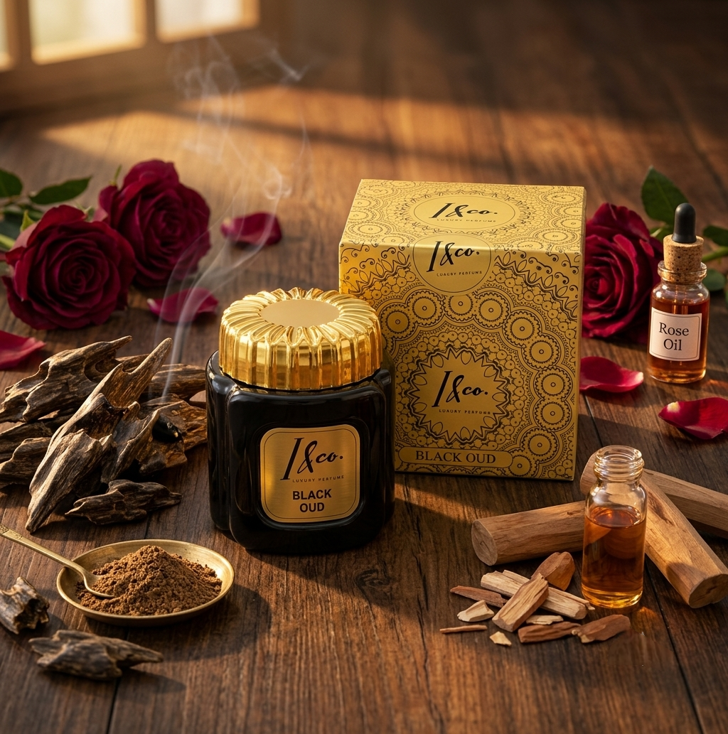 A jar of 18co. Black Oud incense with a gold cap and a matching gold box, styled on a wooden table with rose petals, red roses, dried bark, wood chips, a spoon of powder, and a small bottle of rose oil.