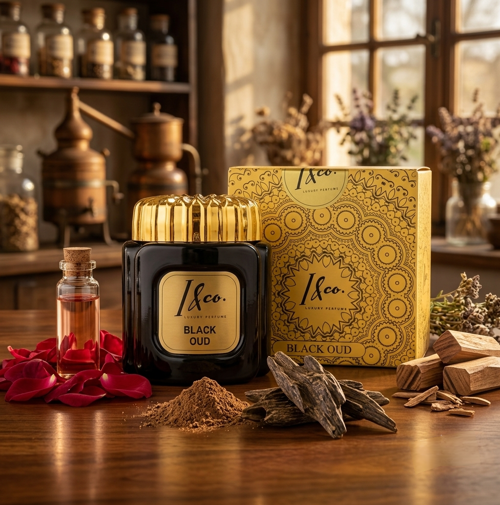 A black glass jar candle with a gold lid labeled '15co. SCENTS BLACK OUD' stands beside its matching ornate gold box on a wooden table.