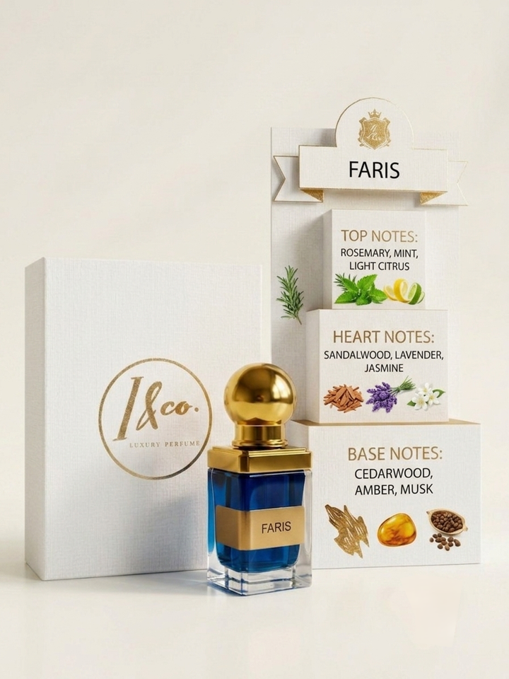 A perfume bottle with a gold cap and blue liquid stands beside a white box with a gold logo, next to a branded display card for FARIS by I&co. The packaging includes illustrated notes of rosemary, mint, light citrus, sandalwood, lavender, jasmine, cedarwood, amber, and musk.